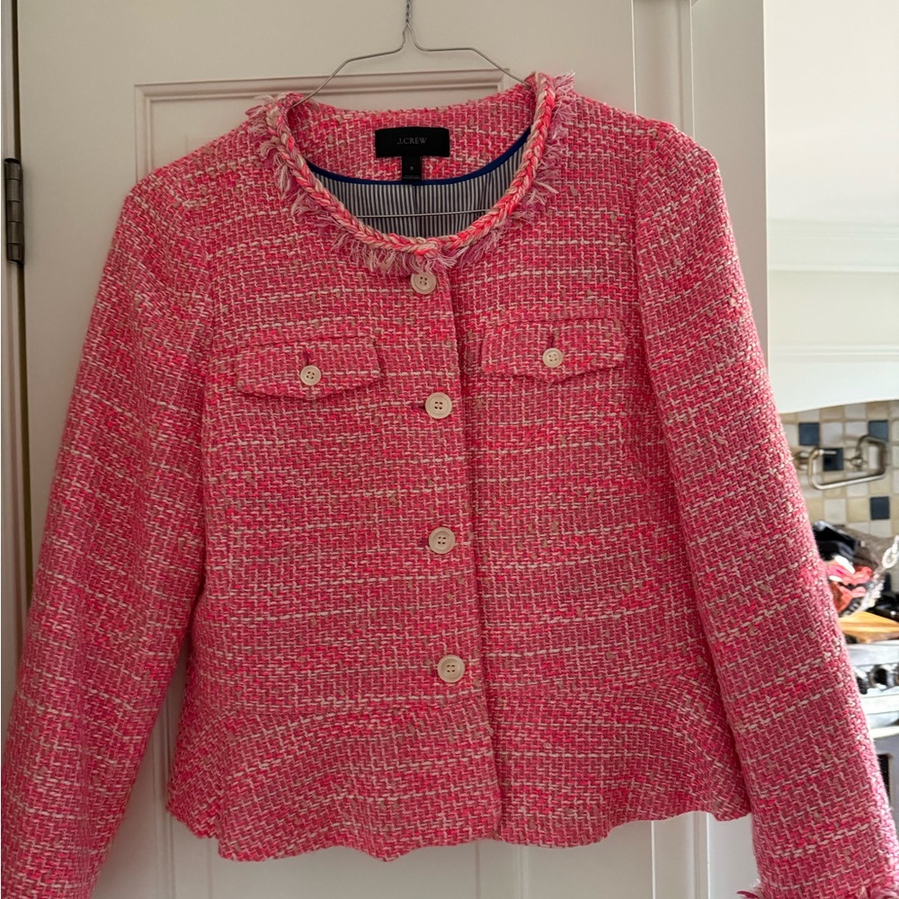 pink and white tweed blazer - blue pinstripe interior.